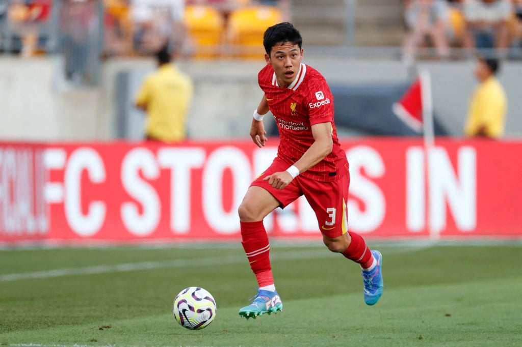 Liverpool's midfielder #3 Wataru Endo controls the ball during a pre-season club friendly football match between Liverpool and Real Betis at Acrisure Stadium, in Pittsburgh, Pennsylvania, on July 26, 2024.