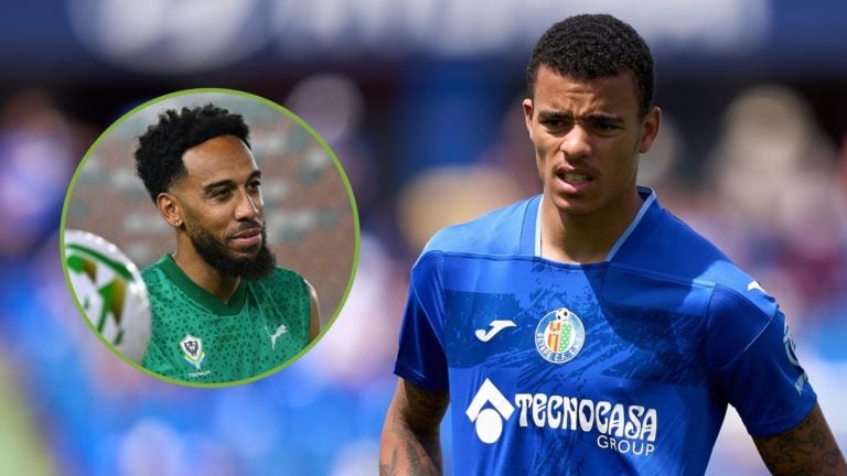 Mason Greenwood of Getafe CF looks on during the LaLiga EA Sports match. Inset, Gabon's striker Pierre-Emerick Aubameyang.