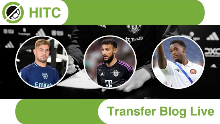 Main image for Transfer Blog Live. Three inset images of Emile Smith Rowe, Noussair Mazraoui, and Jhon Duran.
