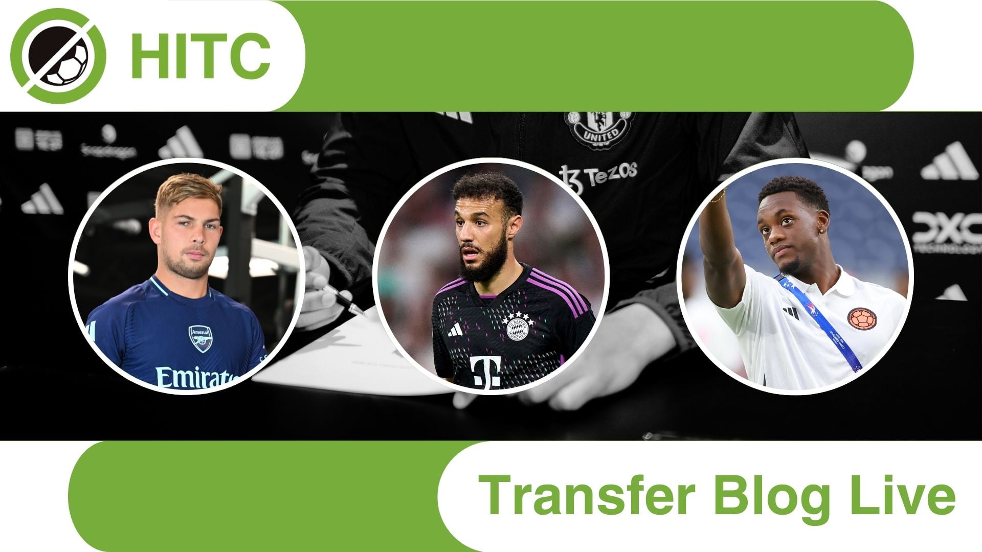 Main image for Transfer Blog Live. Three inset images of Emile Smith Rowe, Noussair Mazraoui, and Jhon Duran.