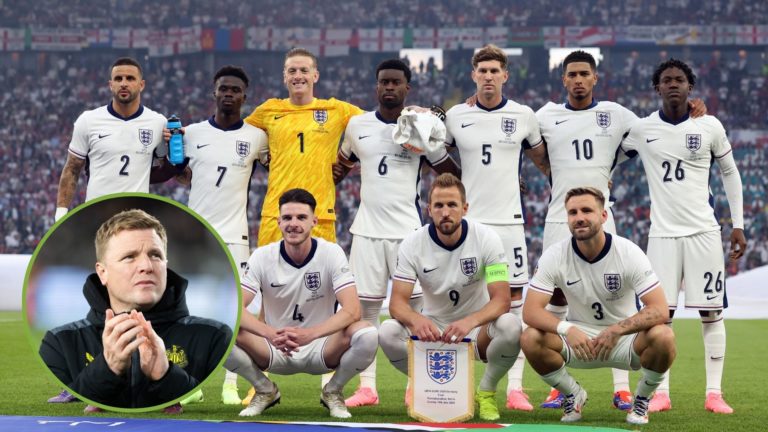 The England squad pose for a team photo during the Euro 2024 final match. Inset, Eddie Howe.