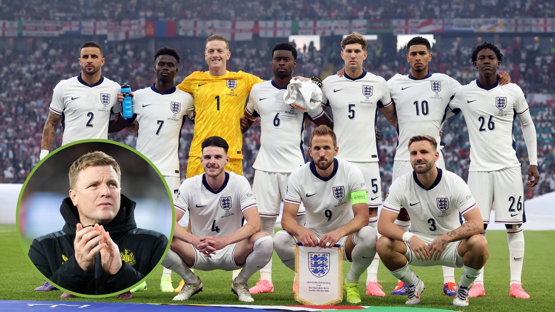 The England squad pose for a team photo during the Euro 2024 final match. Inset, Eddie Howe.