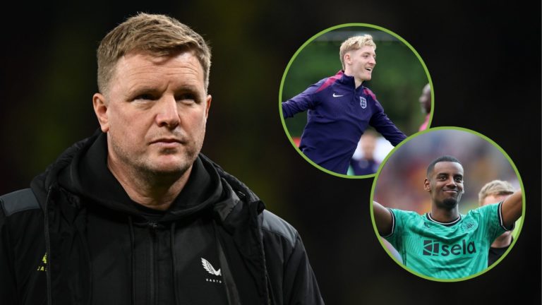 Eddie Howe of Newcastle United looks on. Inset, Alexander Isak and Anthony Gordon.
