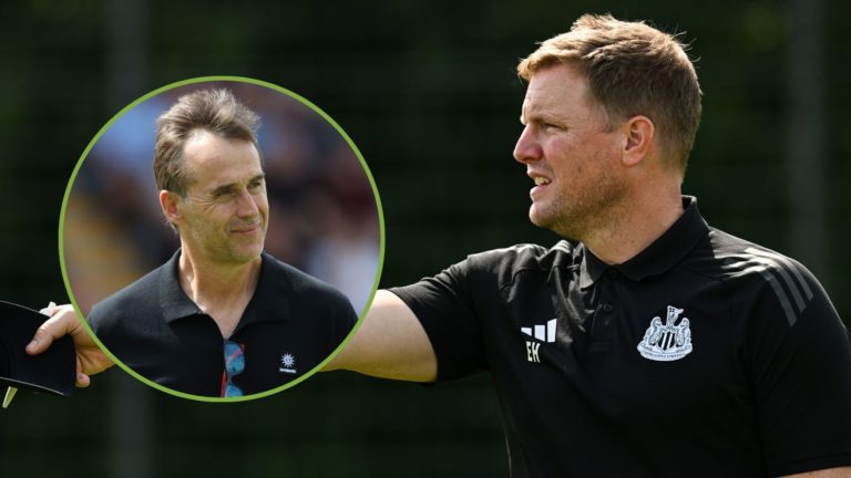 Newcastle United Head Coach Eddie Howe gestures during the Pre Season Training Session. Inset, West Ham United manager Julen Lopetegui.