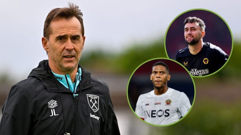 Julen Lopetegui of West Ham United during training. Inset, Maximilian Kilman and Jean Clair Todibo