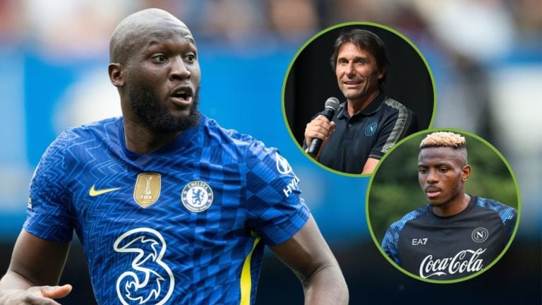 Romelu Lukaku of Chelsea during the Premier League match. Inset, Victor Osimhen and Antonio Conte.