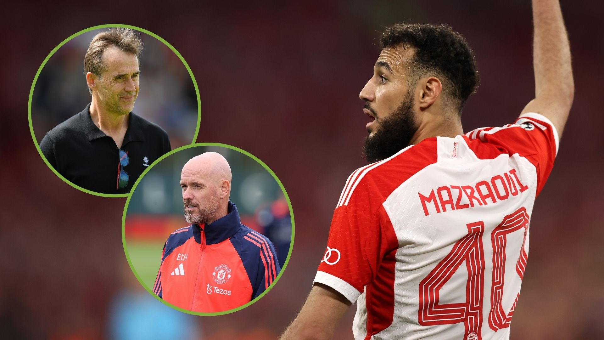 Noussair Mazraoui of FC Bayern Muenchen reacts during the UEFA Champions League semi-final first leg match. Inset, Erik ten Hag and Julen Lopetegui.