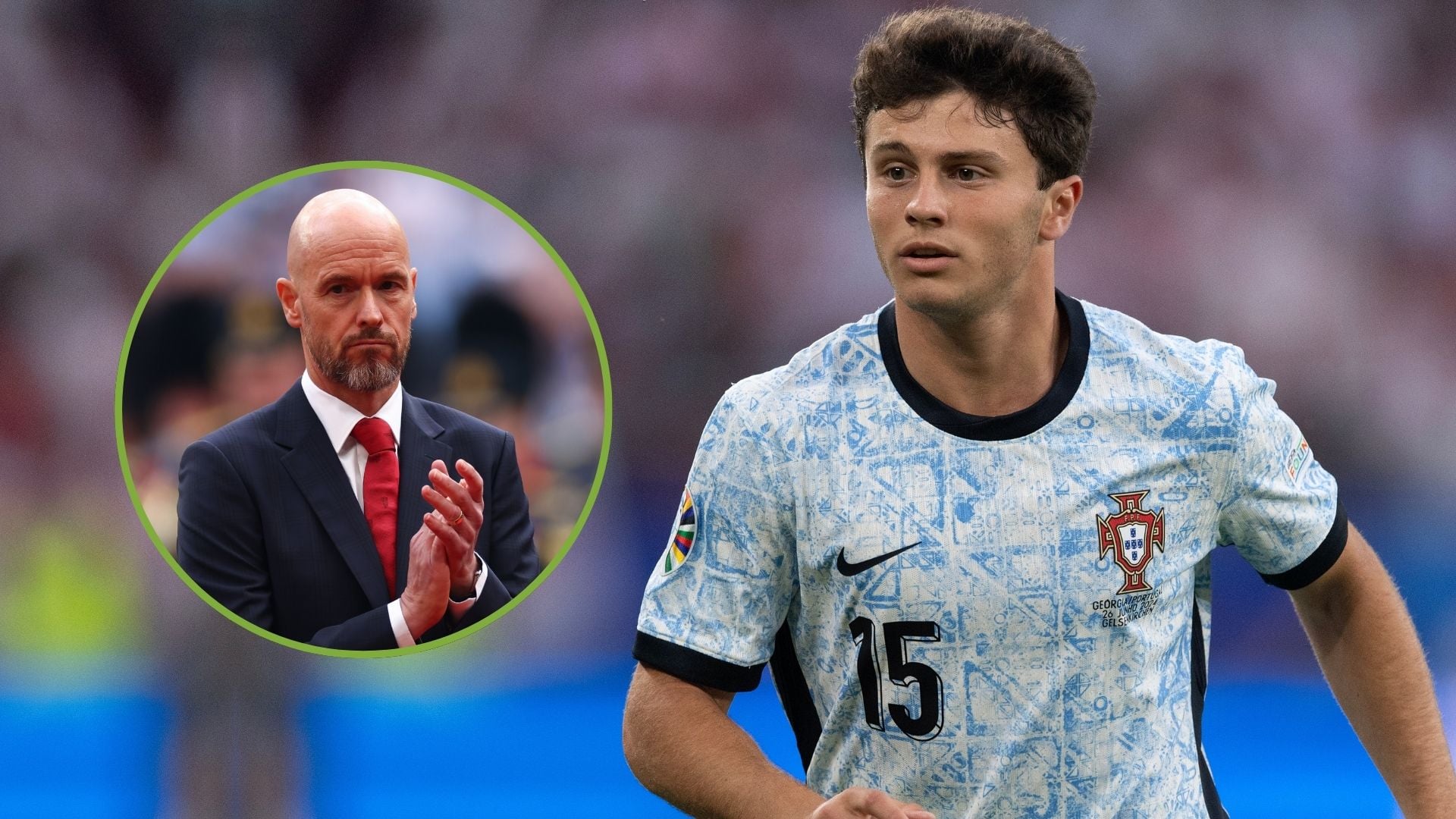 Joao Neves of Portugal during the UEFA EURO 2024 group stage match. Inset, Erik ten Hag.