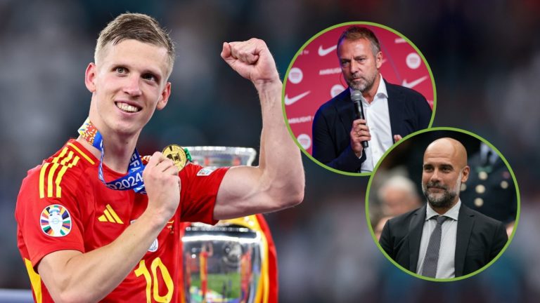 Dani Olmo of Spain with his winner medal during the UEFA EURO 2024 final match. Inset, Pep Guardiola and Hansi Flick.