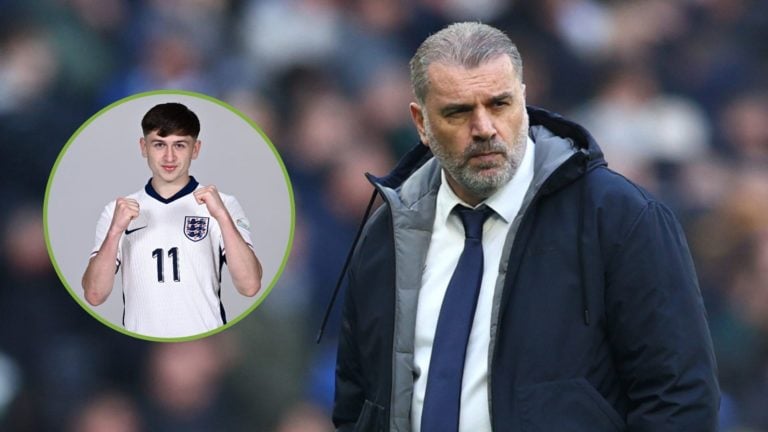 Ange Postecoglou, Manager of Tottenham Hotspur, looks dejected. Inset, an image of Mikey Moore.