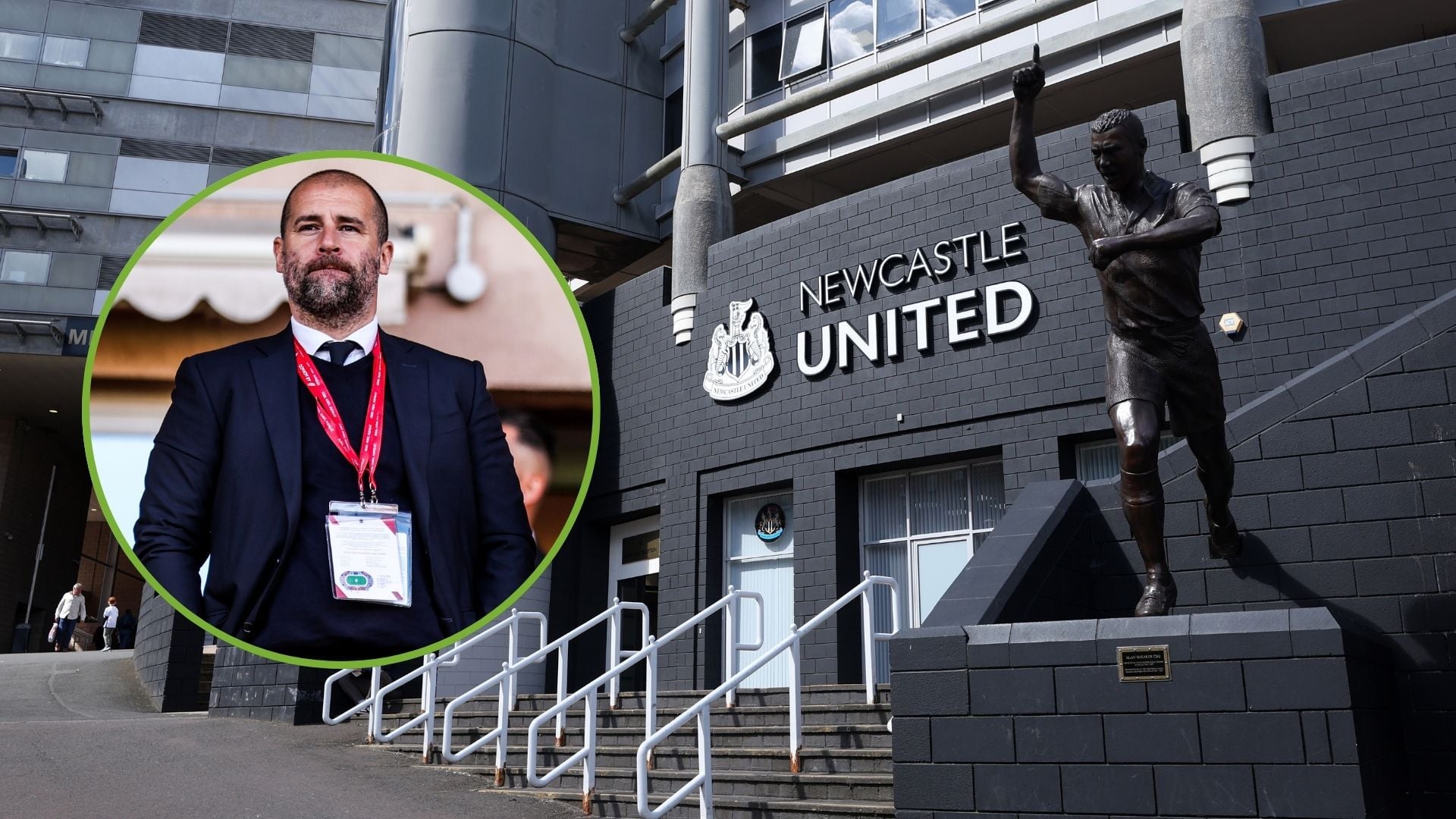 Exterior view of St James Park Stadium. Inset, an image of Paul Mitchell, general director of Monaco.