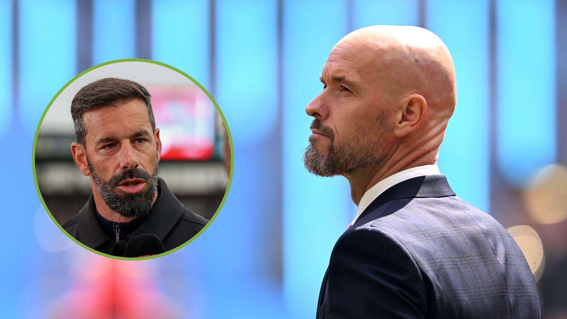 Erik ten Hag, manager of Manchester United, looks on. Inset, Ruud van Nistelrooy of PSV.