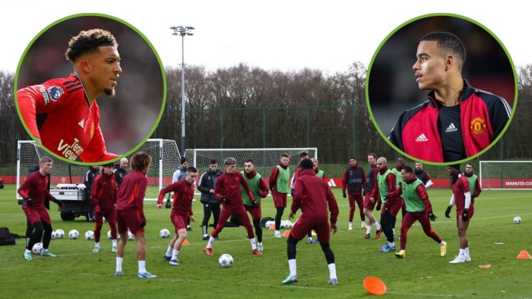 Manchester United's players take part in a team training session at the Carrington Training Complex in Manchester. Inset, two images of Mason Green...