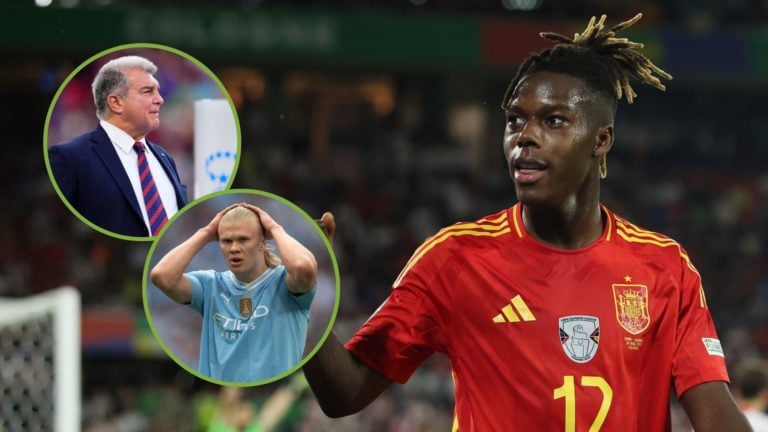 Nico Williams of Spain reacts during the UEFA EURO 2024 round of 16 match. Inset, Joan Laporta and Erling Haaland.