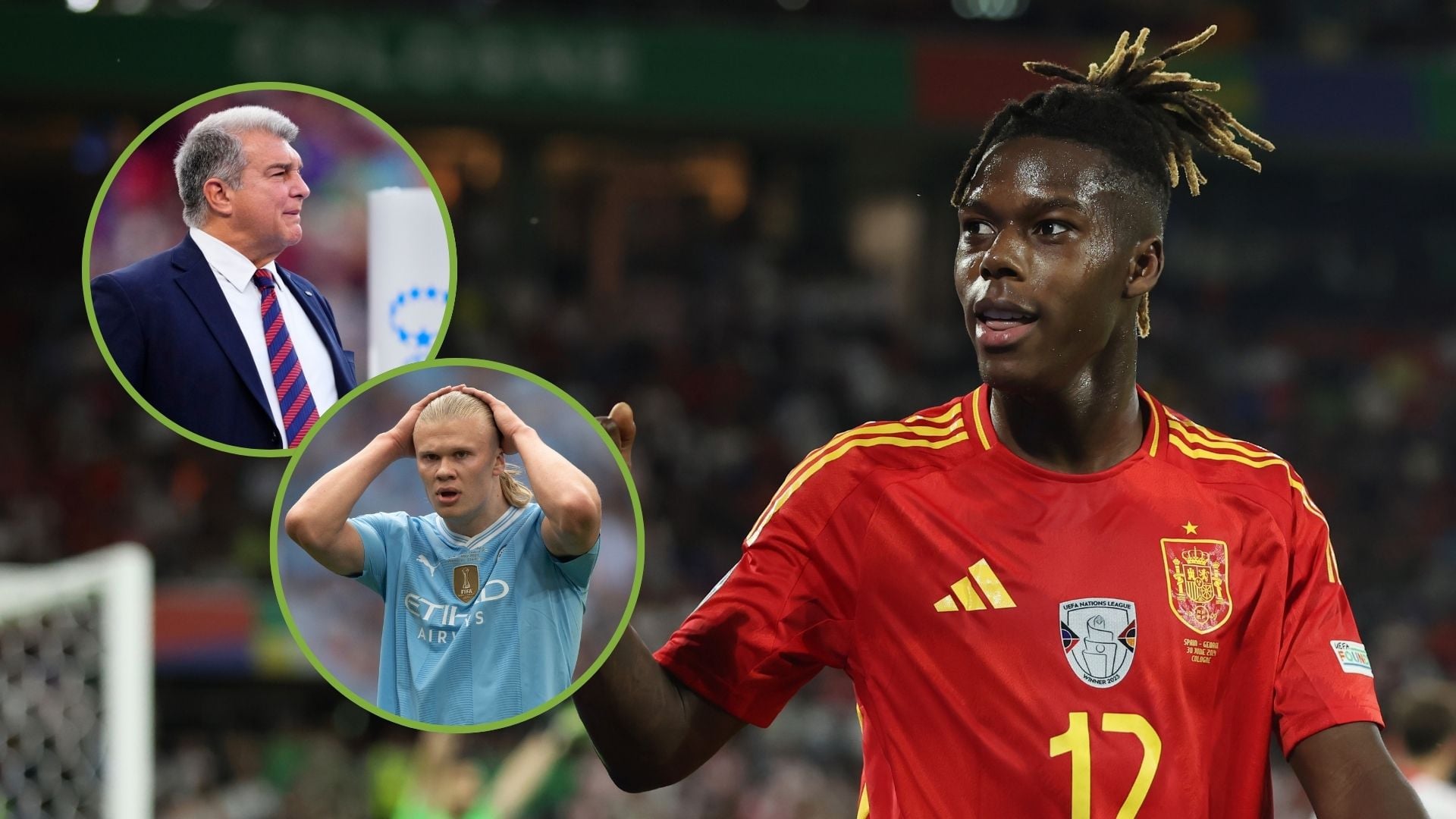 Nico Williams of Spain reacts during the UEFA EURO 2024 round of 16 match. Inset, Joan Laporta and Erling Haaland.
