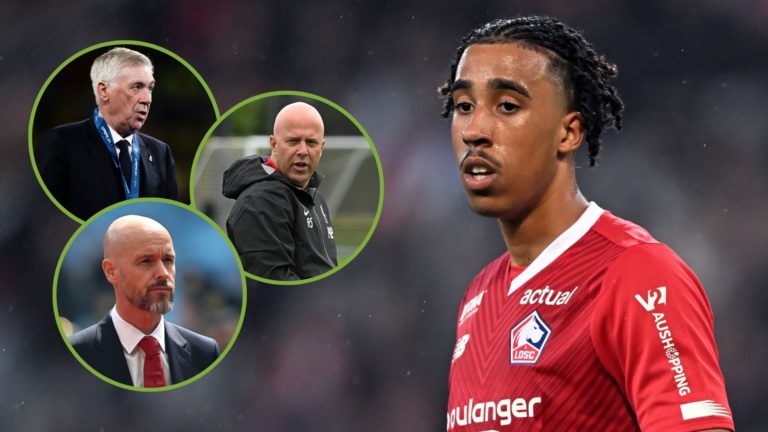 Leny Yoro of Lille OSC during the French Ligue 1 match between Lille OSC and Olympique Lyonnais at Pierre-Mauroy Stadium. Inset, Carlo Ancelotti, E...