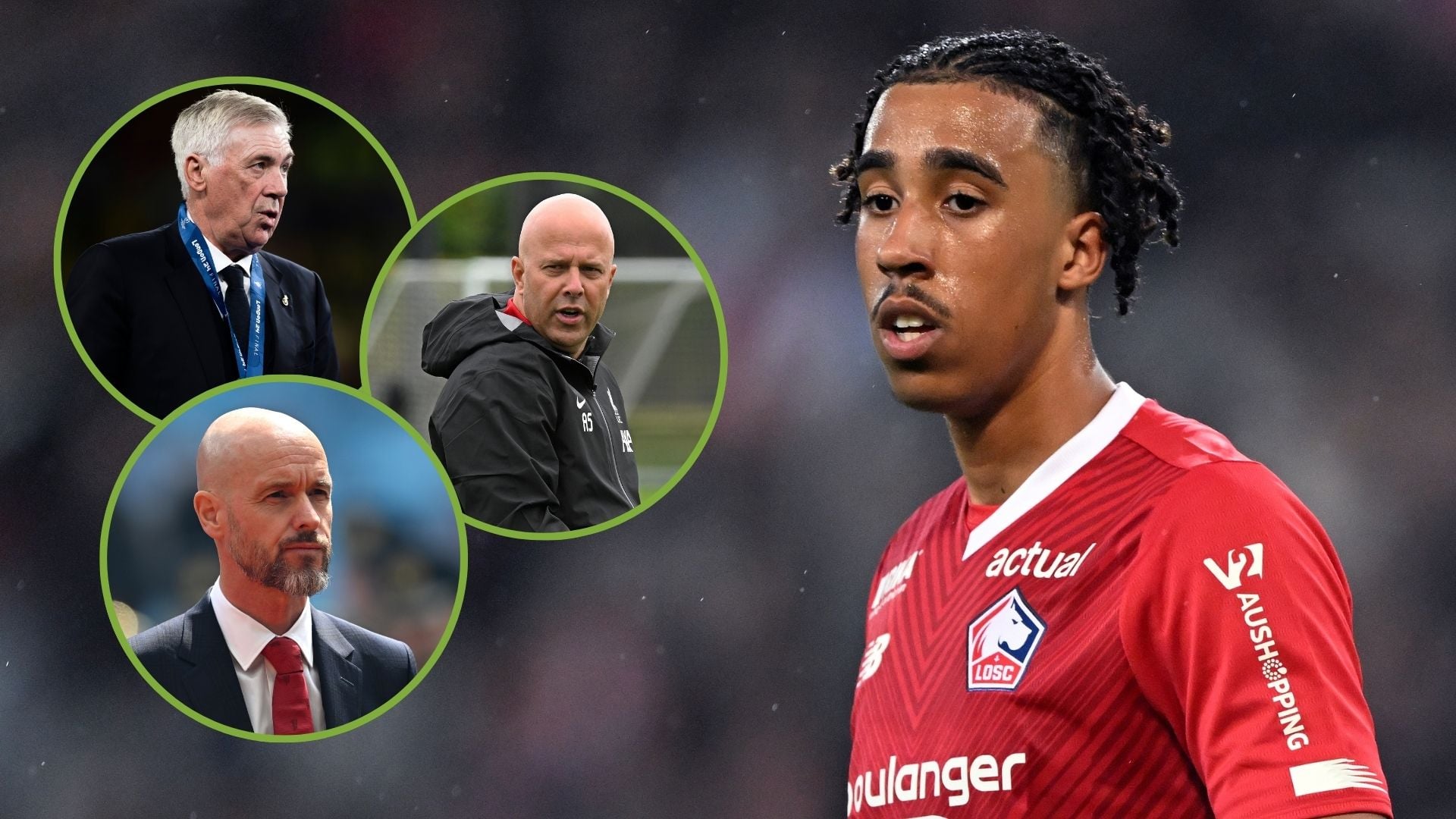Leny Yoro of Lille OSC during the French Ligue 1 match between Lille OSC and Olympique Lyonnais at Pierre-Mauroy Stadium. Inset, Carlo Ancelotti, E...