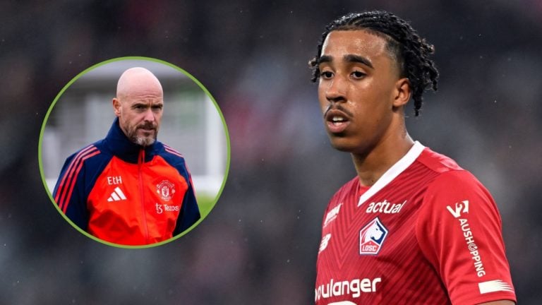 Leny Yoro of Lille OSC during the French Ligue 1 match between Lille OSC and Olympique Lyonnais . Inset, Erik ten Hag.