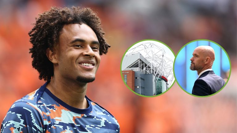 Joshua Zirkzee of Netherlands looks during the UEFA EURO 2024. Inset, Erik ten Hag, manager of Manchester United, and a general view outside Old Tr...