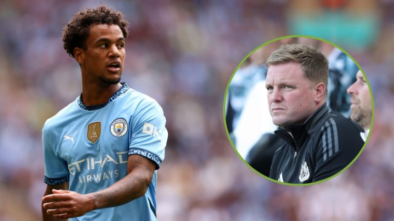 Oscar Bobb of Manchester City during the 2024 FA Community Shield match. Inset, Eddie Howe.
