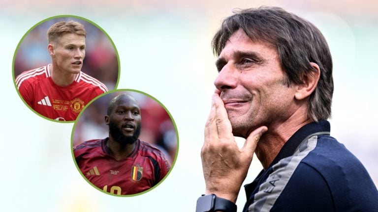 Antonio Conte of Napoli reacts during the Serie A match between Hellas Verona and Napoli. Inset, Romelu Lakaku and Scott McTominay.