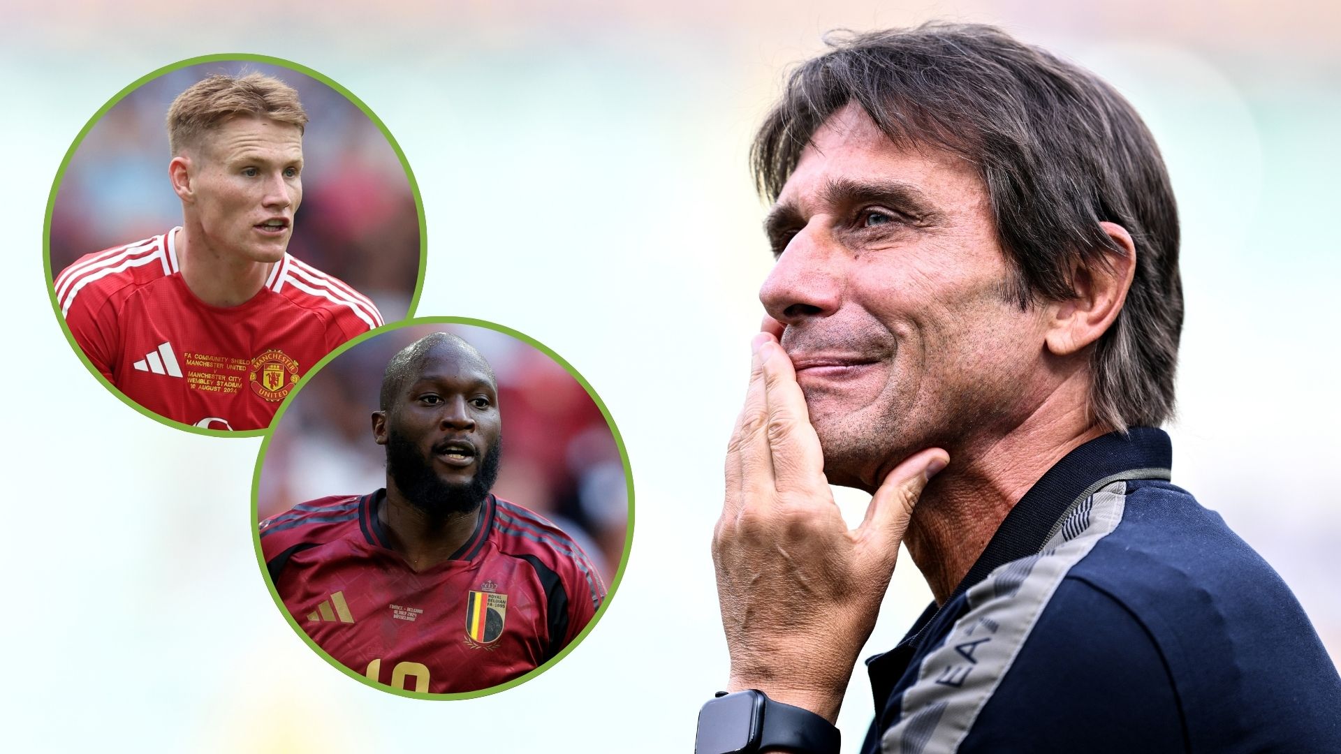 Antonio Conte of Napoli reacts during the Serie A match between Hellas Verona and Napoli. Inset, Romelu Lakaku and Scott McTominay.