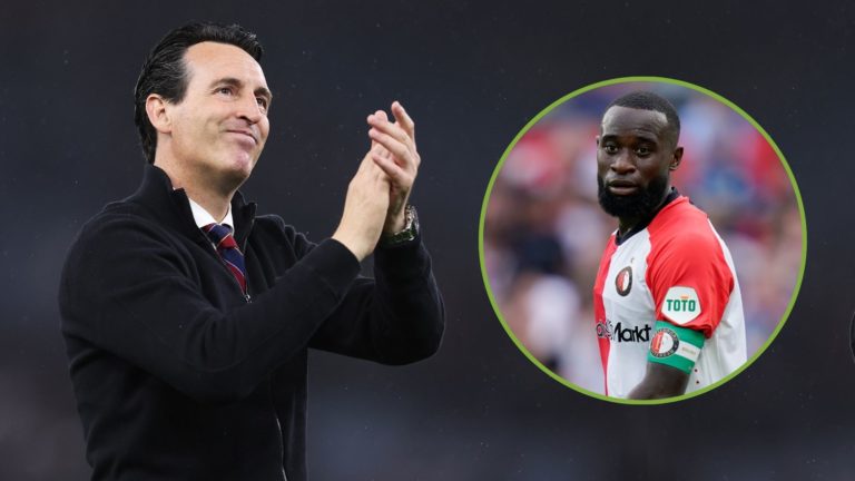 Unai Emery, Manager of Aston Villa, shows appreciation to the fans following the Premier League match. Inset, Lutsharel Geertruida of Feyenoord.