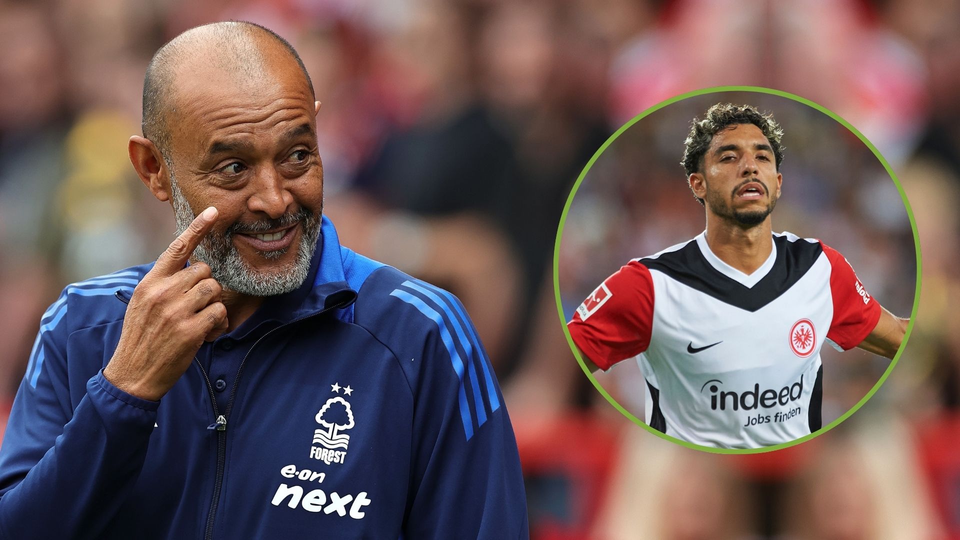 Nuno Espirito Santo, the Nottingham Forest manager, looks on during the Premier League match. Inset, Omar Marmoush.