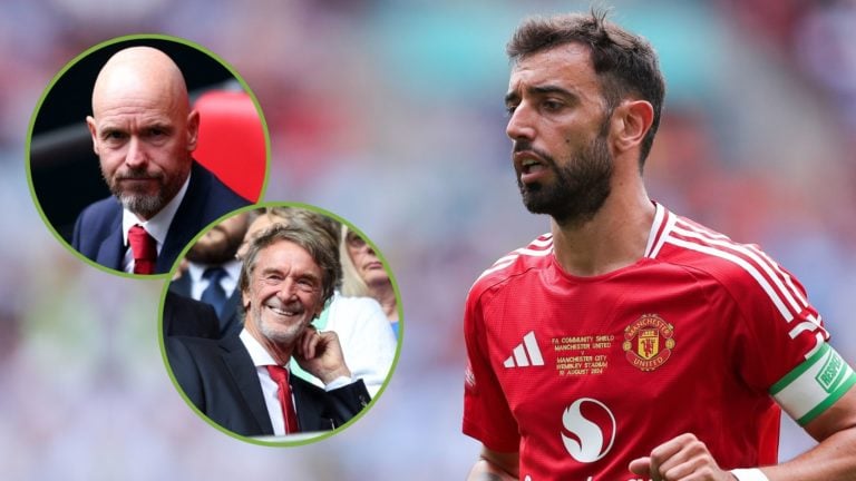 Bruno Fernandes of Manchester United during the 2024 FA Community Shield match. Inset, Erik ten Hag and Jim Ratcliffe.