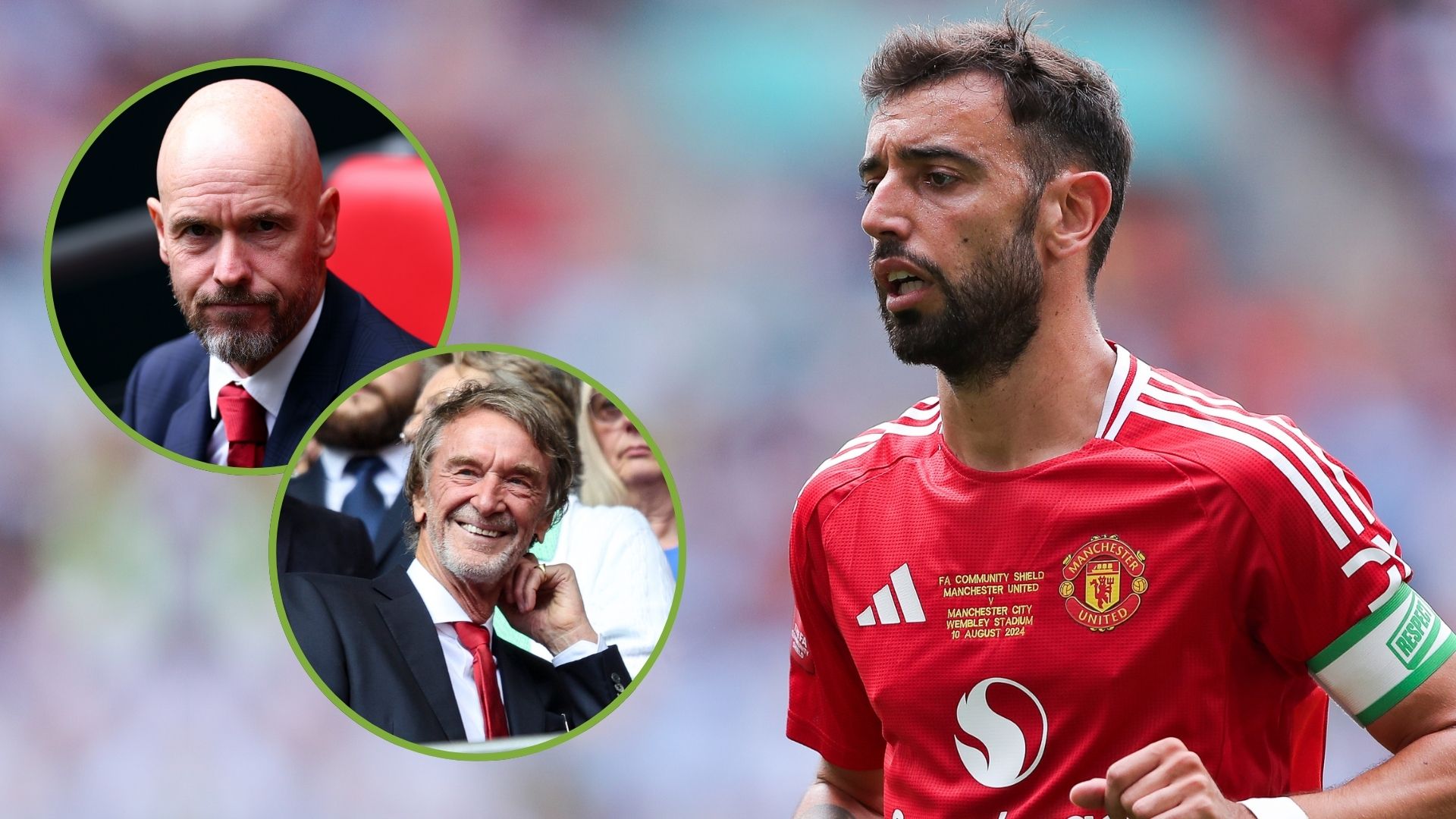 Bruno Fernandes of Manchester United during the 2024 FA Community Shield match. Inset, Erik ten Hag and Jim Ratcliffe.