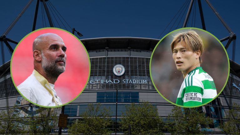 A general view outside the stadium prior to the Premier League match between Manchester City and West Ham United at Etihad Stadium. Inset, Pep Guar...