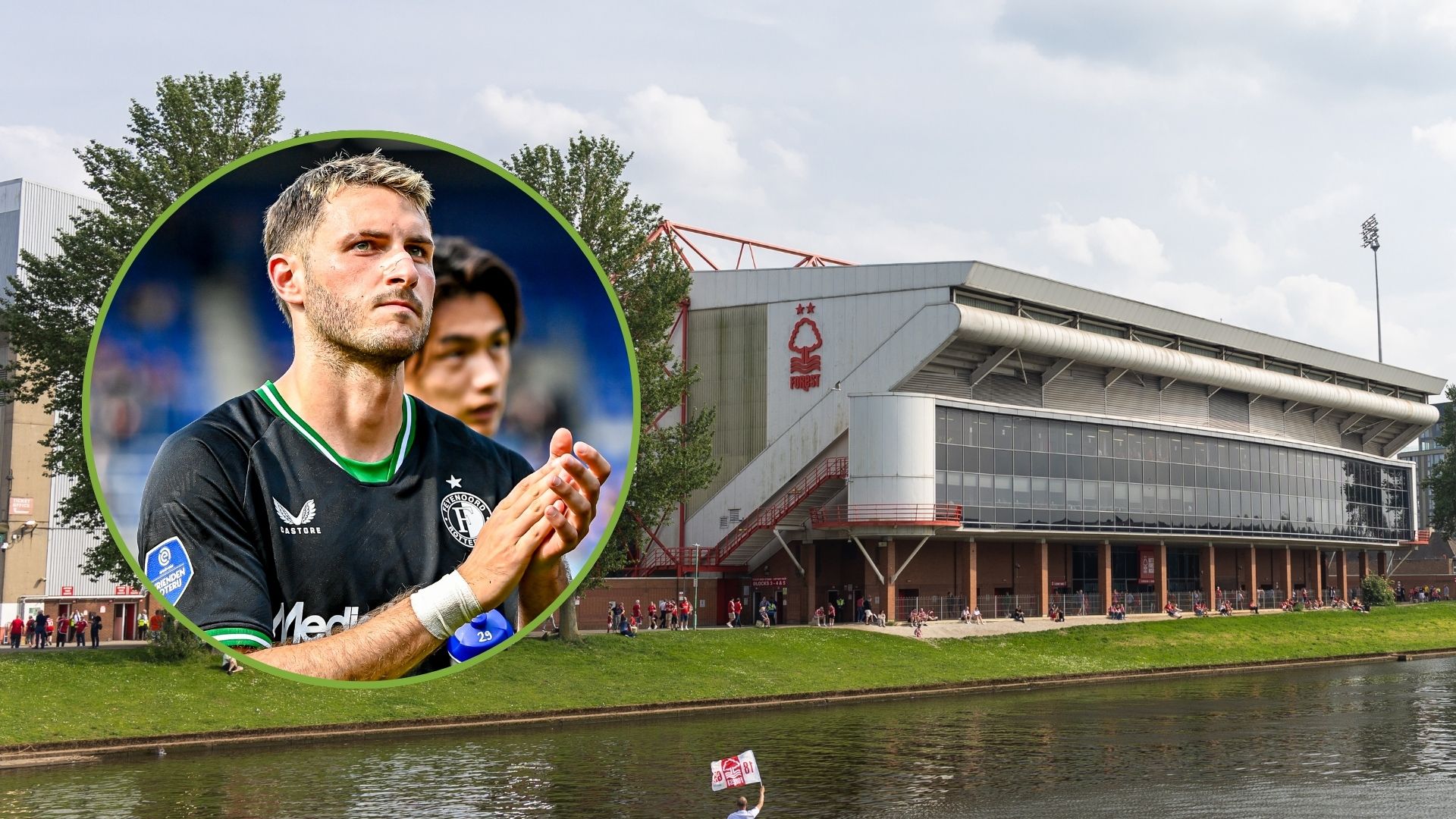 A general exterior view of The city Ground, home stadium of Nottingham Forest seen across the River Trent ahead of the Premier League match. Inset,...