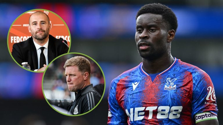 Marc Guehi of Crystal Palace FC looks on during the Premier League match. Inset, Eddie Howe and Paul Mitchell.
