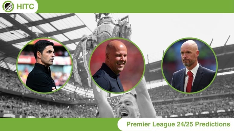 A decorative banner image for Premier League 24/25 Predictions, depicting a Man City player holding the trophy in black and white in the background...