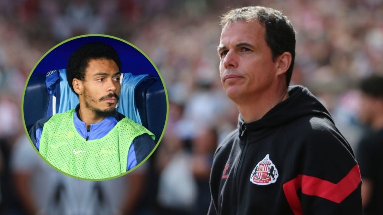 Sunderland Head Coach Regis Le Bris is coaching during the Sky Bet Championship match. Inset, Wilson Isidor.