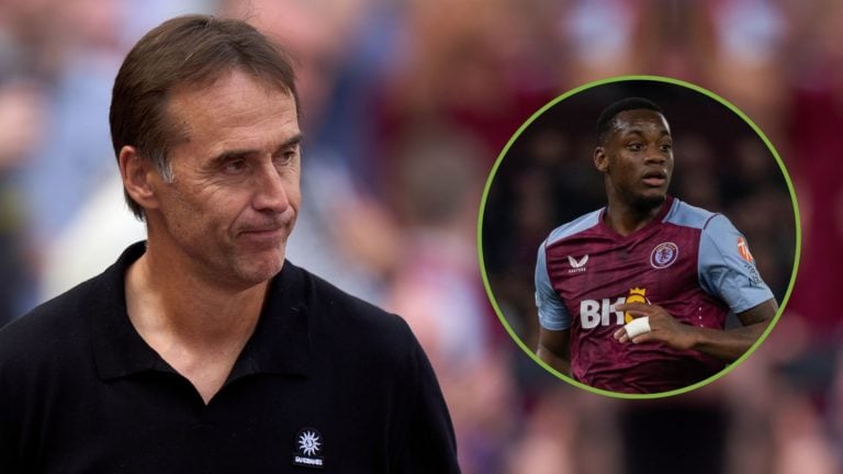 Julen Lopetegui, Manager of West Ham United looks on. Inset, Jhon Duran.