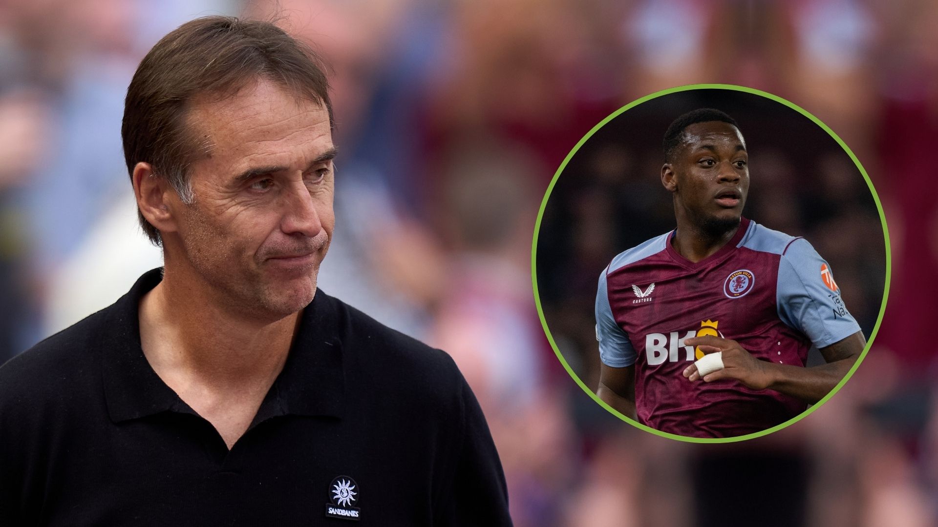 Julen Lopetegui, Manager of West Ham United looks on. Inset, Jhon Duran.