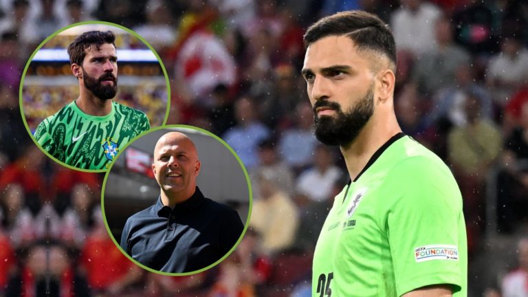 Georgie goalkeeper Giorgi Mamardashvili during the UEFA EURO 2024 round of 16 match. Inset, Arne Slot and Alisson Becker.