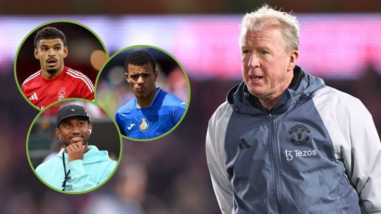 Steve McClaren, assistant head coach / manager of Manchester United during the Emirates FA Cup Fifth Round match. Inset, Mason Greenwood, Morgan Gi...