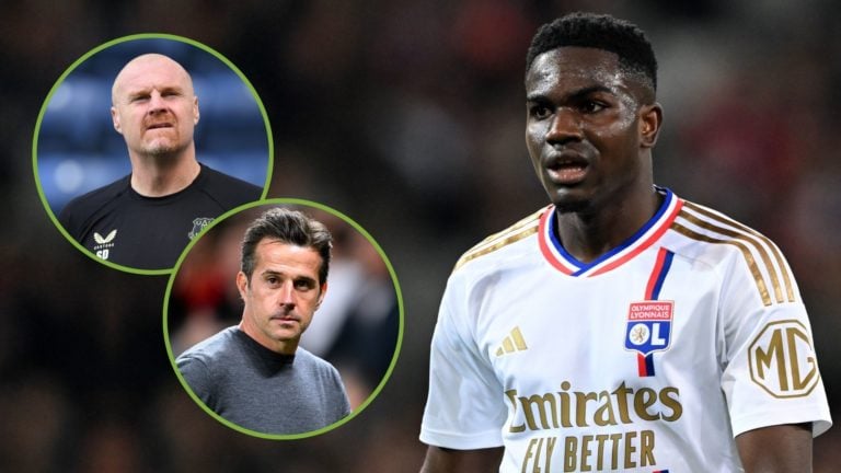 Ernest Nuamah of Olympique Lyonnais during the French Ligue 1 match between Lille OSC and Olympique Lyonnais. Inset, Sean Dyche and Marco Silva.