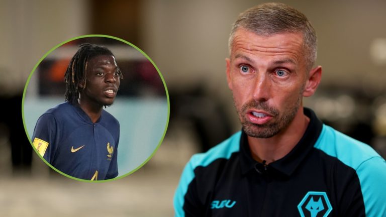 Gary O'Neil, head coach of Wolverhampton Wanderers is interviewed following victory. Inset, Bastien Meupiyou.