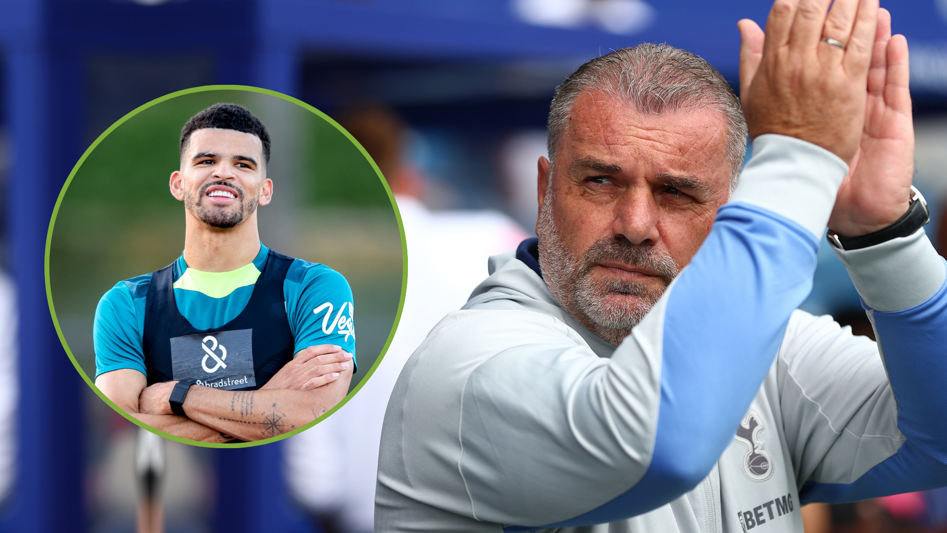 Tottenham Hotspur Head Coach Ange Postecoglu acknowlegdes fans ahead of a pre-season friendly match. Inset, Dominic Solanke.