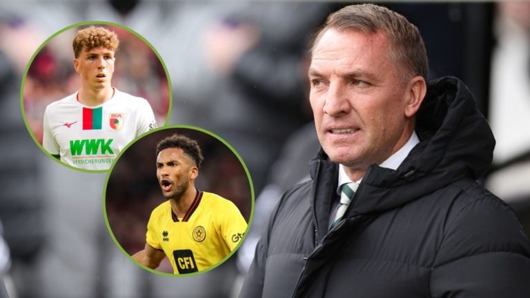 Celtic manager Brendan Rodgers is seen during the SPL | Premier League match. Inset, Arne Engels and Auston Trusty.