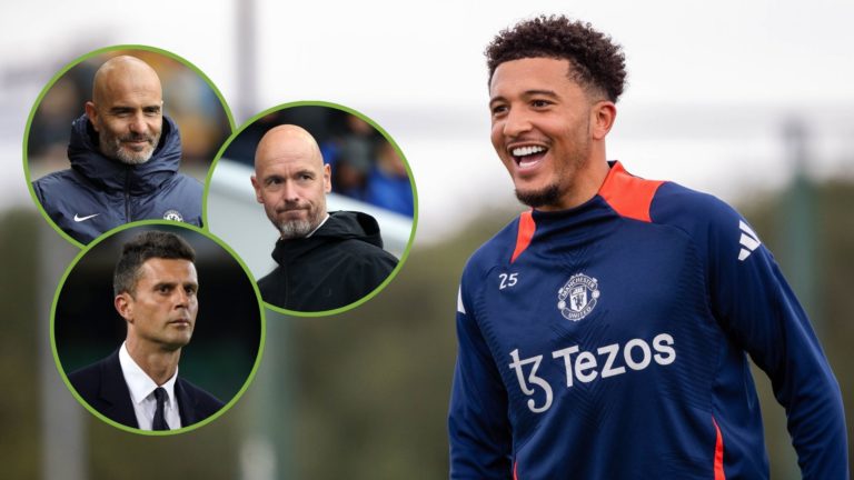 Jadon Sancho of Manchester United in action during a first team training session. Inset, Erik ten Hag, Enzo Maresca, and Thiago Motta.