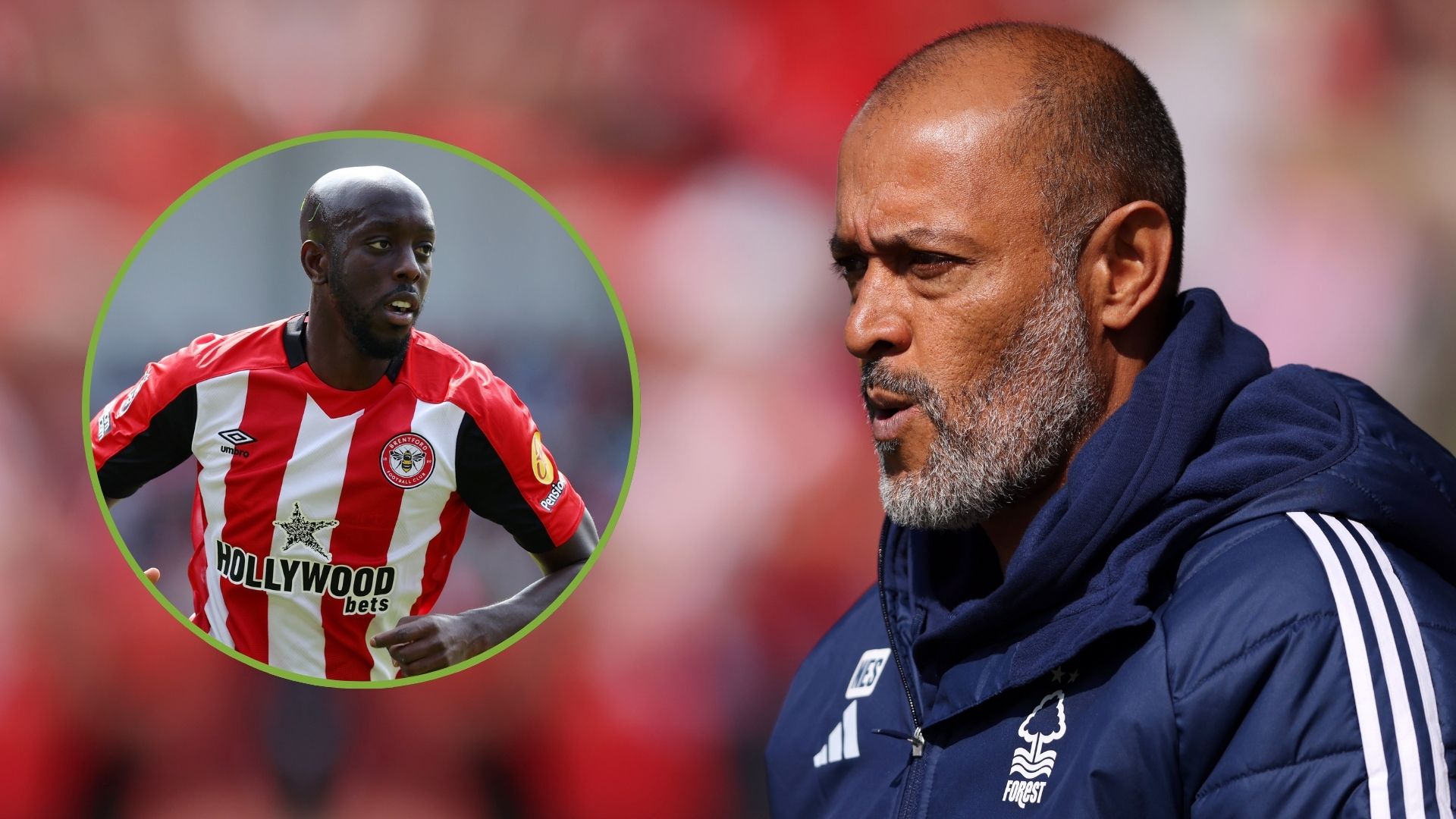 Nuno Espirito Santo, Manager of Nottingham Forest, looks on during the Premier League match. Inset, Yoane Wissa.