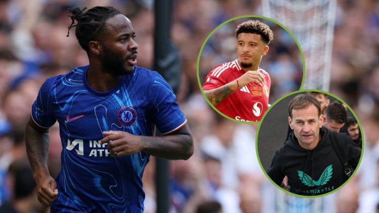 Raheem Sterling of Chelsea in action during the pre-season friendly match. Inset, Jadon Sancho and Dan Ashworth.
