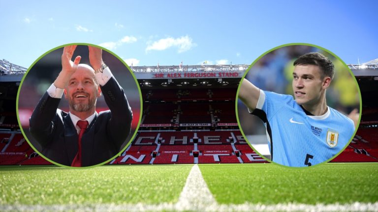 A general view inside the stadium prior to the Premier League match between Manchester United FC and Fulham FC at Old Trafford. Inset, Erik ten Hag...