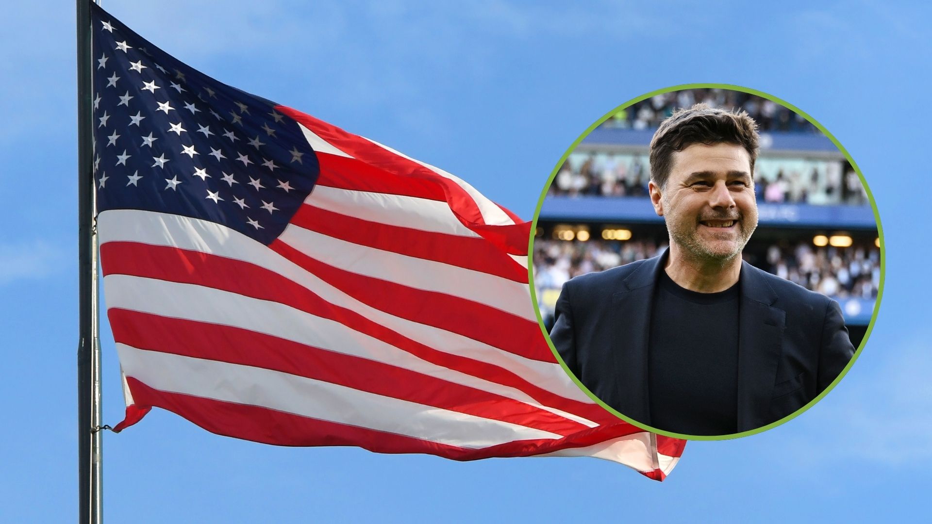 A general view of the American Flag flying over Comerica Park. Inset, Mauricio Pochettino.
