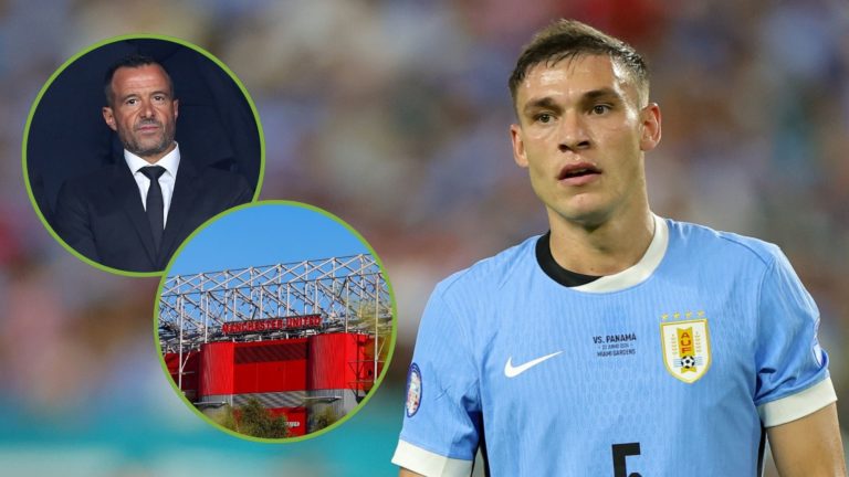 Uruguay midfielder Manuel Ugarte (5) during a match between Panama and Uruguay. Inset, Jorge Mendes and Old Trafford.