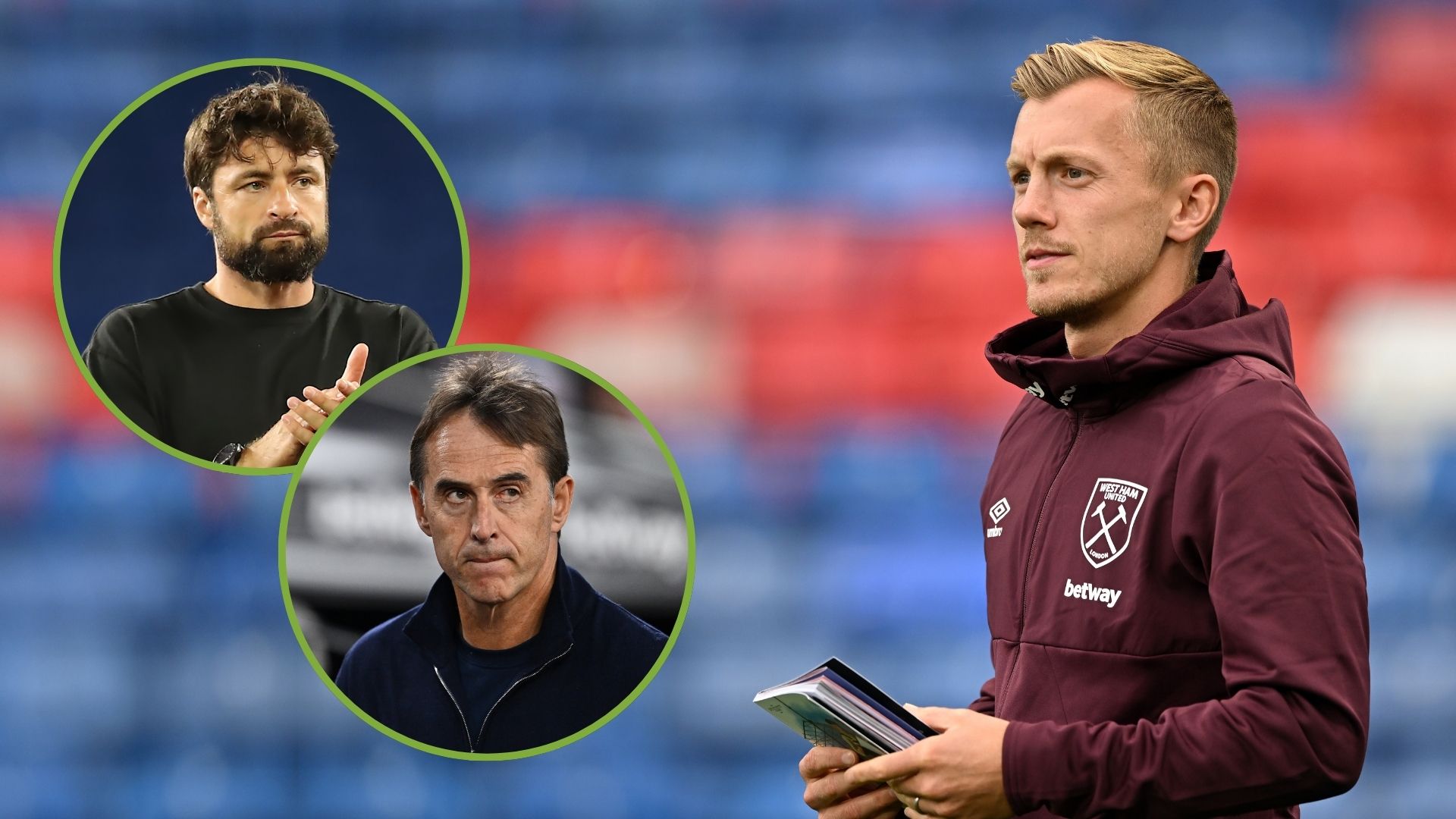 James Ward-Prowse of West Ham United looks on during a pitch inspection prior to the Premier League match. Inset, Russell Martin and Julen Lopetegui.